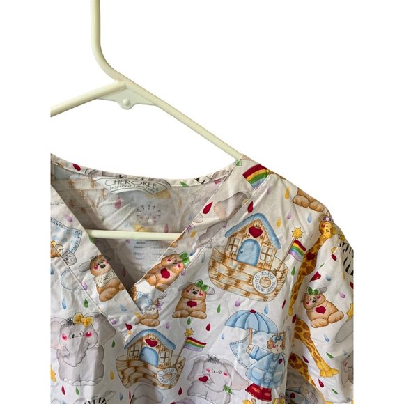 Cherokee Womens Size XL Noah Ark Animals Angel Scrub Top Shirt Short Sleeve Nurs - Picture 4 of 4